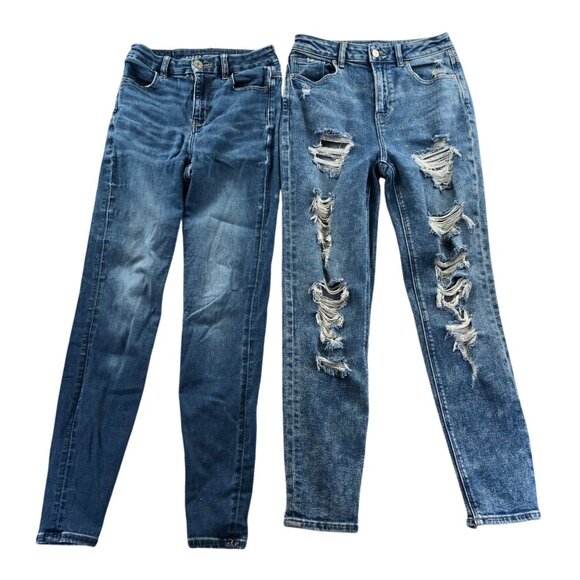 2 American Eagle Women Jeans Size 00 Lot Of Two Distressed Blue Denim Skinny Leg - Picture 1 of 16